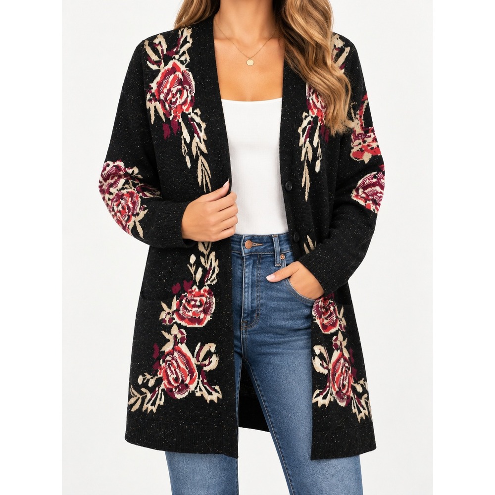 J. Jill Black Floral Bird Intarsia Longline Cardigan Sweater Rose Knit Small